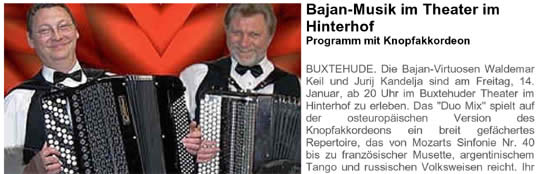 Das Duo Mix.: Bajan-Musik im Theater im Hinterhof Programm mit Knopfakkordeon.