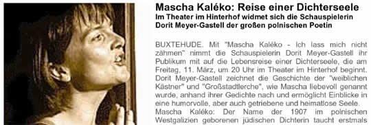 Mascha Kaléko: Reise einer Dichterseele. Im Theater im Hinterhof widmet sich die Schauspielerin Dorit Meyer-Gastell der großen polnischen Poetin.